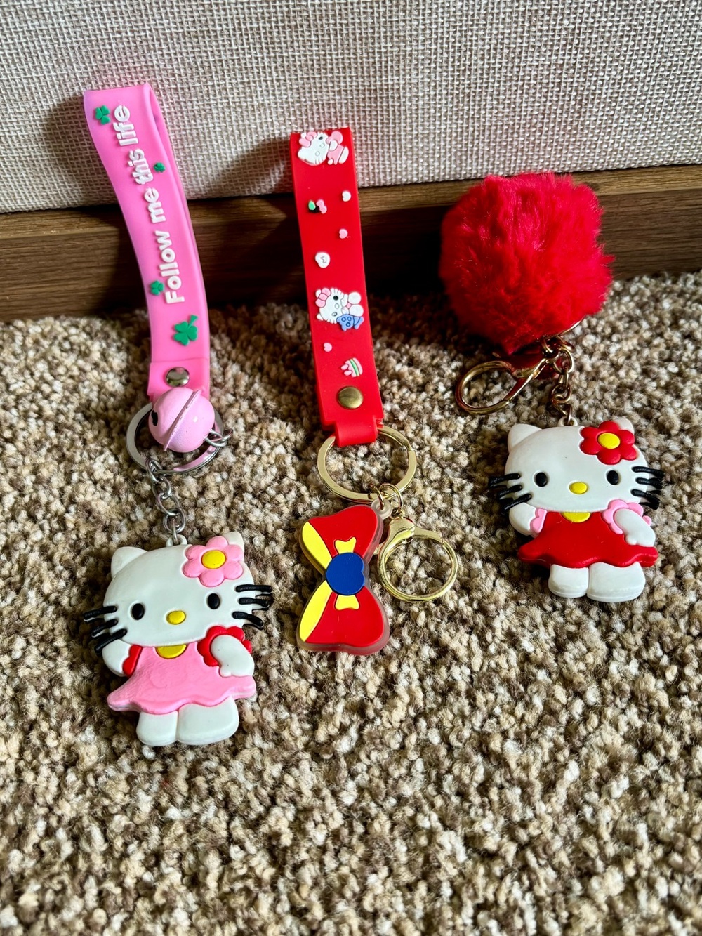 3 Hello Kitty Keychains with Pom-Pom and Bow Charm Bundle Pink Dress Red Dress